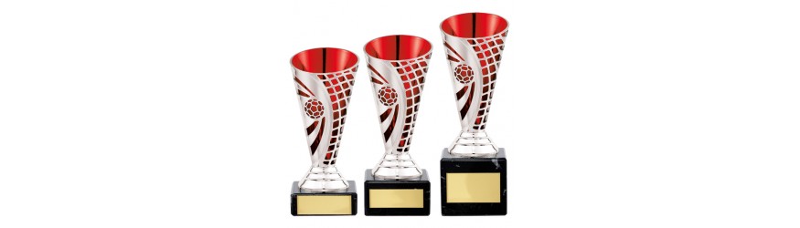 SILVER/RED PLASTIC BUDGET FOOTBALL CUPS  - AVAILABLE IN 3 SIZES (14CM - 17CM)